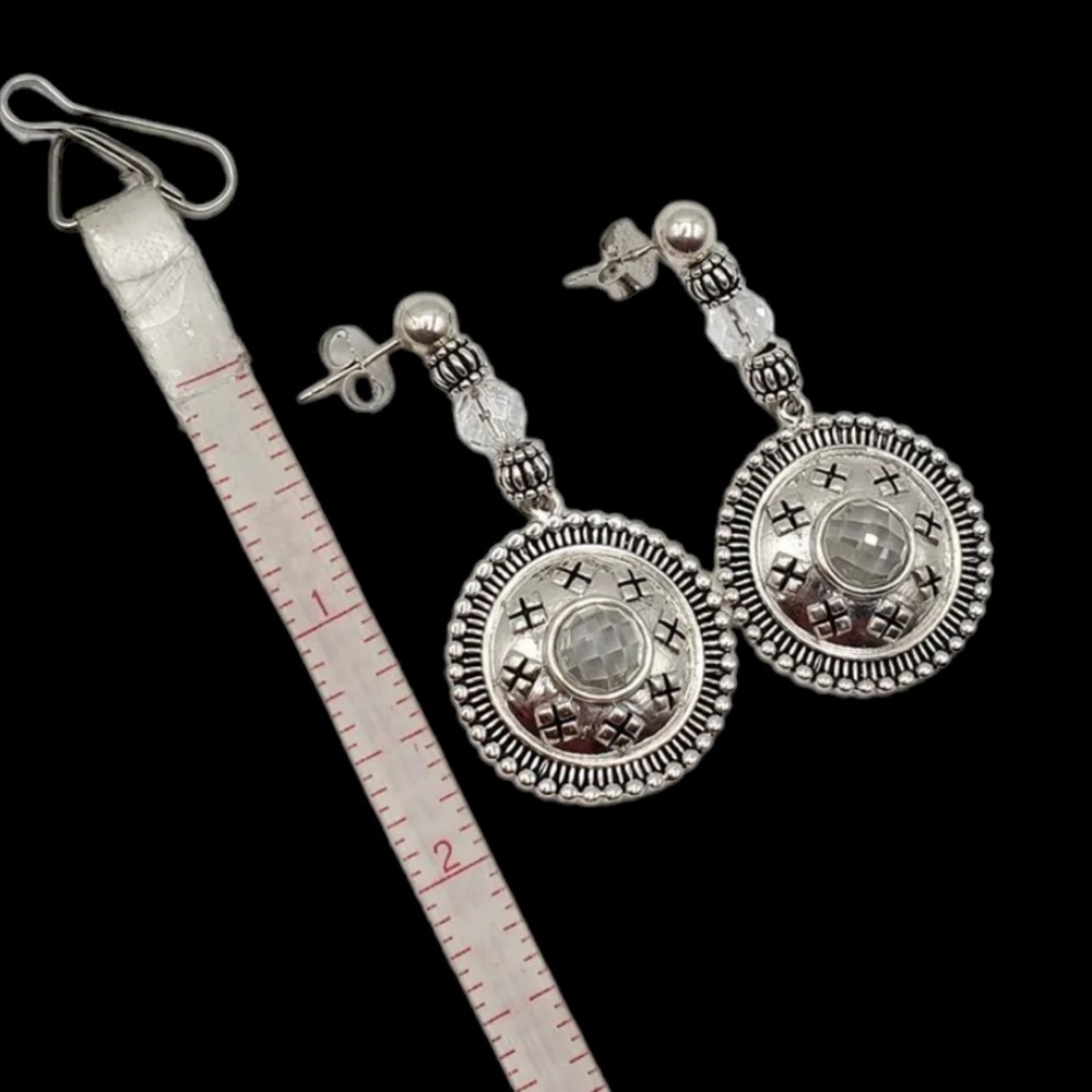 Sterling Silver Faceted Clear Crystal Quartz Circular Dangle Earrings